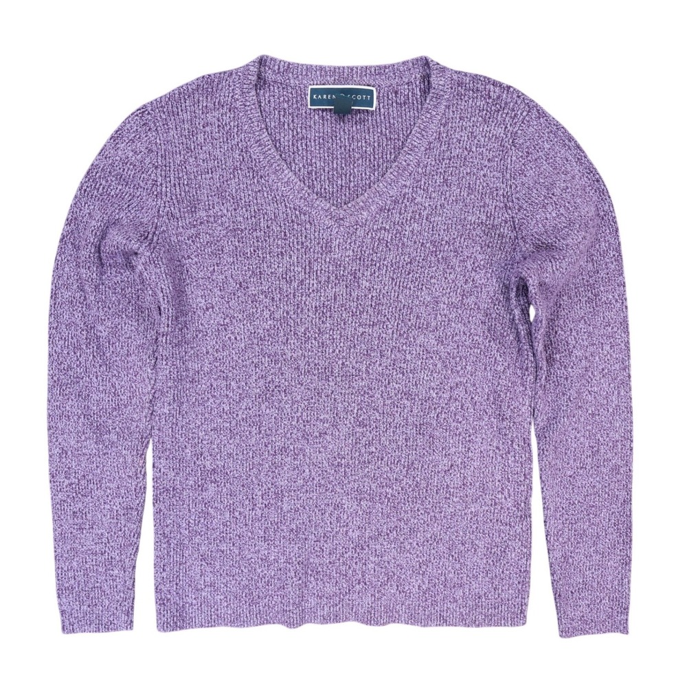 Karen Scott Sweater Womens S Purple Knit V-Neck Long Sleeve‎ Casual Ribbed Top